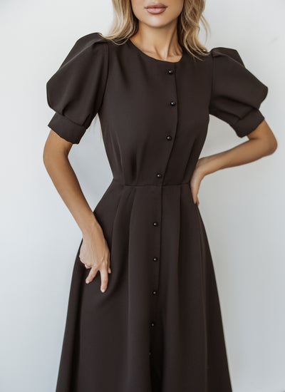 Black FITTED PUFF-SLEEVE MIDI DRESS (ARTICLE C390)